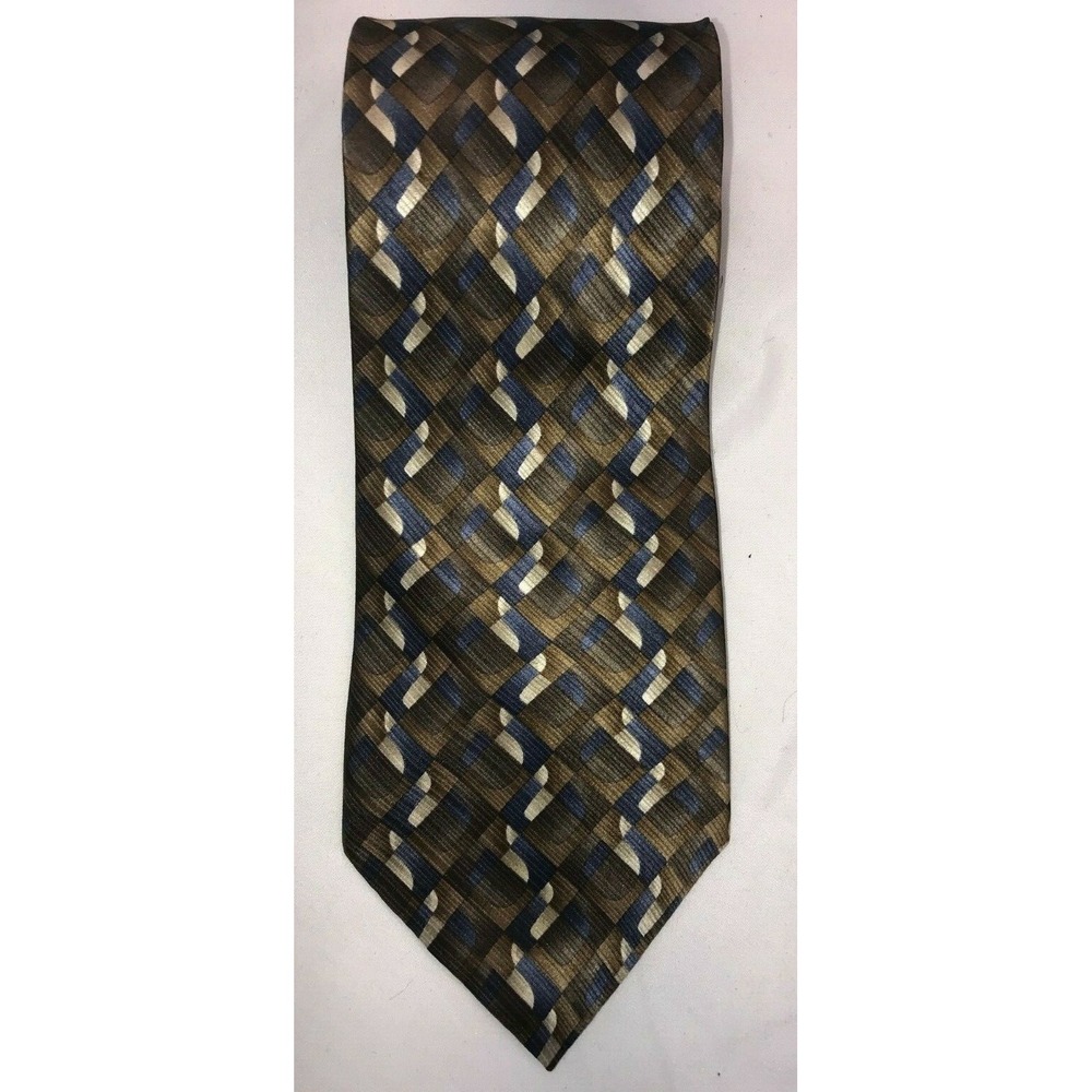 NOS Nubio Collezione Esclusivo Geometric Brown Tan Blue Silk‎ Neck Tie 58" long